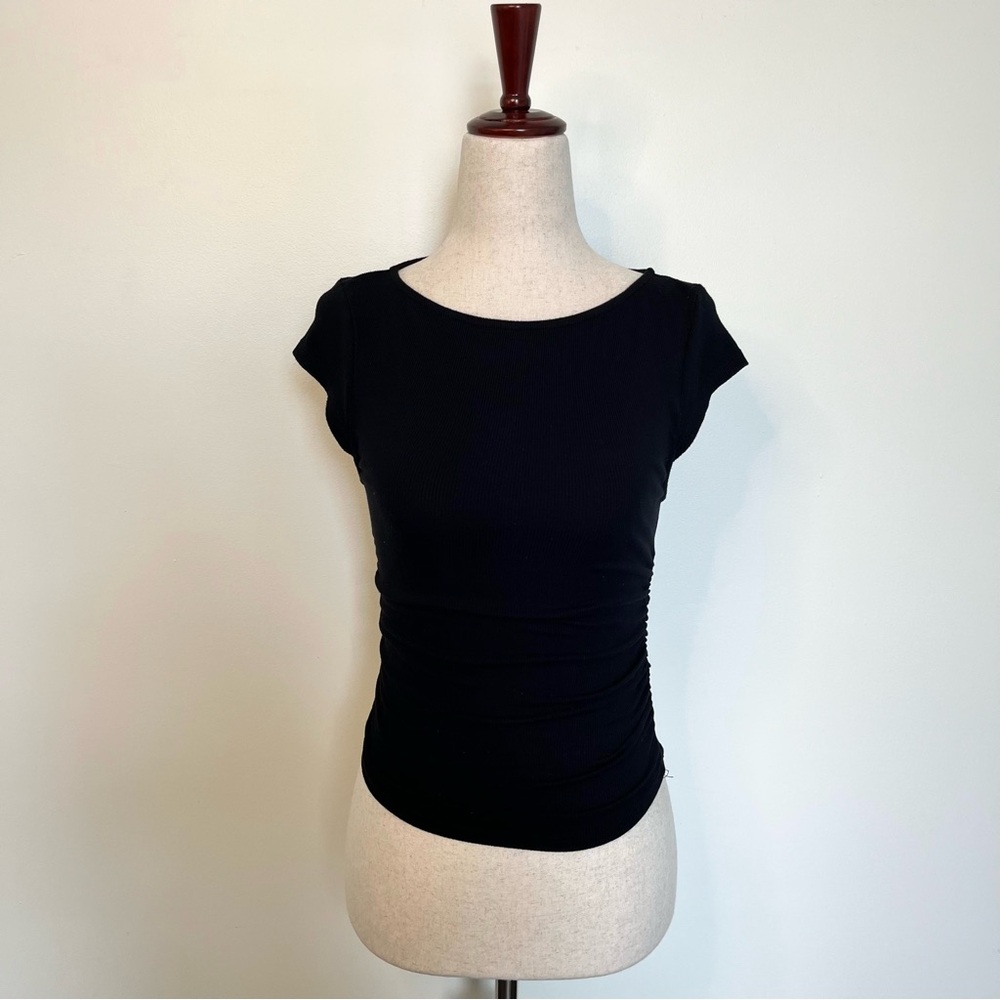 Black Ruched Short Sleeve Fitted Top